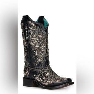 Corral Women's Black with Python Inlay and Studs Square Toe Exotic Cowboy Boots